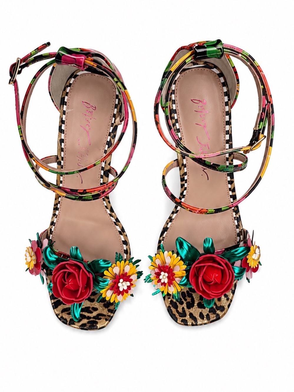 NWOT Betsey Johnson Floral Leopard Print Multicolor Floral Strappy Heel Sandals - Picture 5 of 14